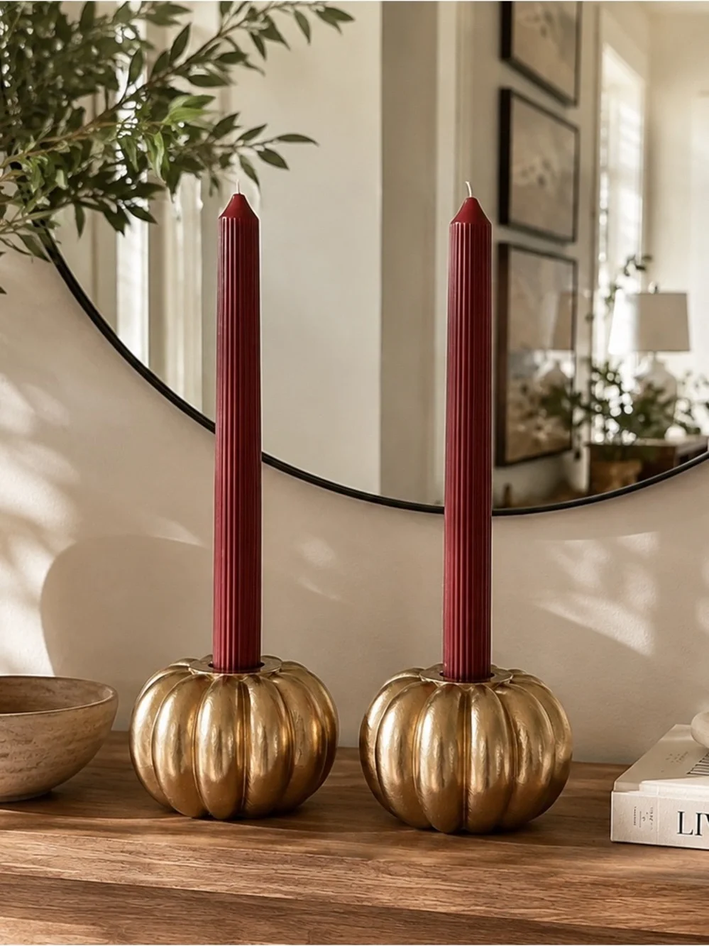 Target Bullseyes Playground Gold Pumpkin Candle Holders Set of 2 w/ Candles